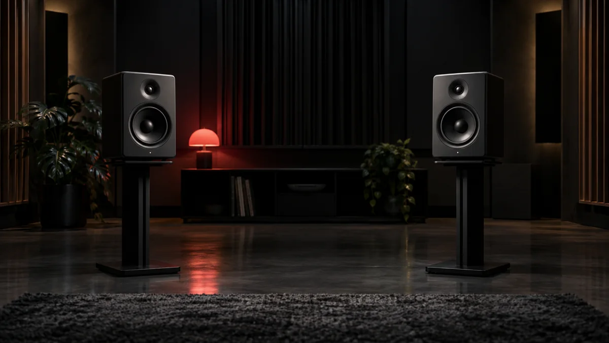 Deux enceintes de studio dans une pièce d’écoute sombre