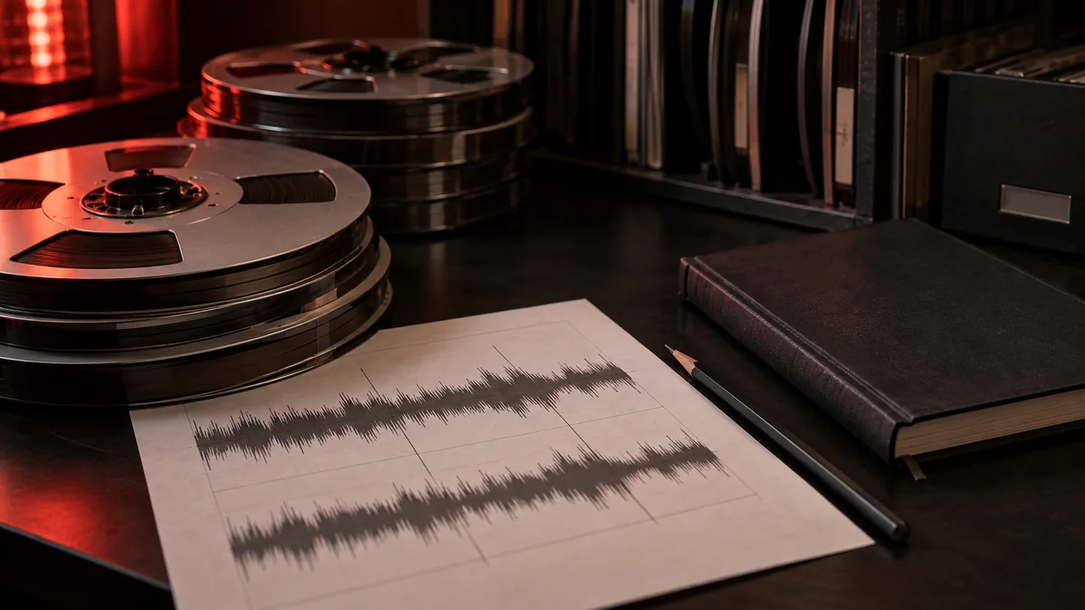 Bobines, carnet et notes d’analyse musicale sur une table