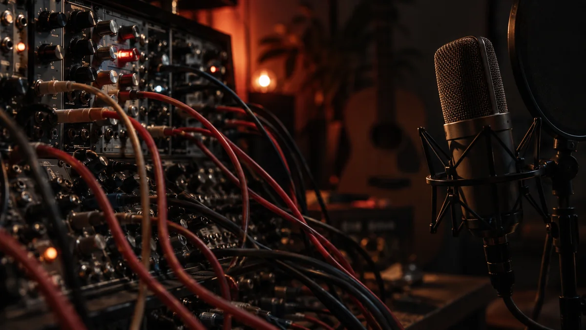 Câbles de synthétiseur et microphone dans un studio sombre